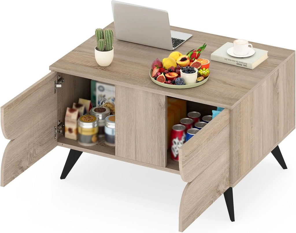 Tavolino rettangolare con spazio di archiviazione, tavolo da salotto in legno con 3 ante e 1 scomparto aperto, 80 x 60 x 46 cm, per ufficio (rovere)