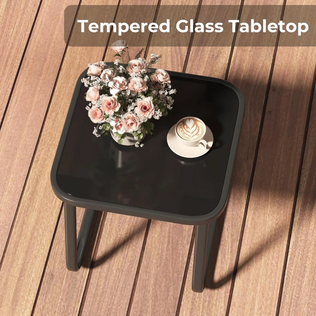 Set Mobili da Giardino 3 Pezzi - Salottino da Esterno con 2 Poltrone Ergonomiche e 1 Tavolino in Vetro Temperato - Set Bistro in Metallo e Textilene Traspirante per Balcone, Terrazzo e Patio