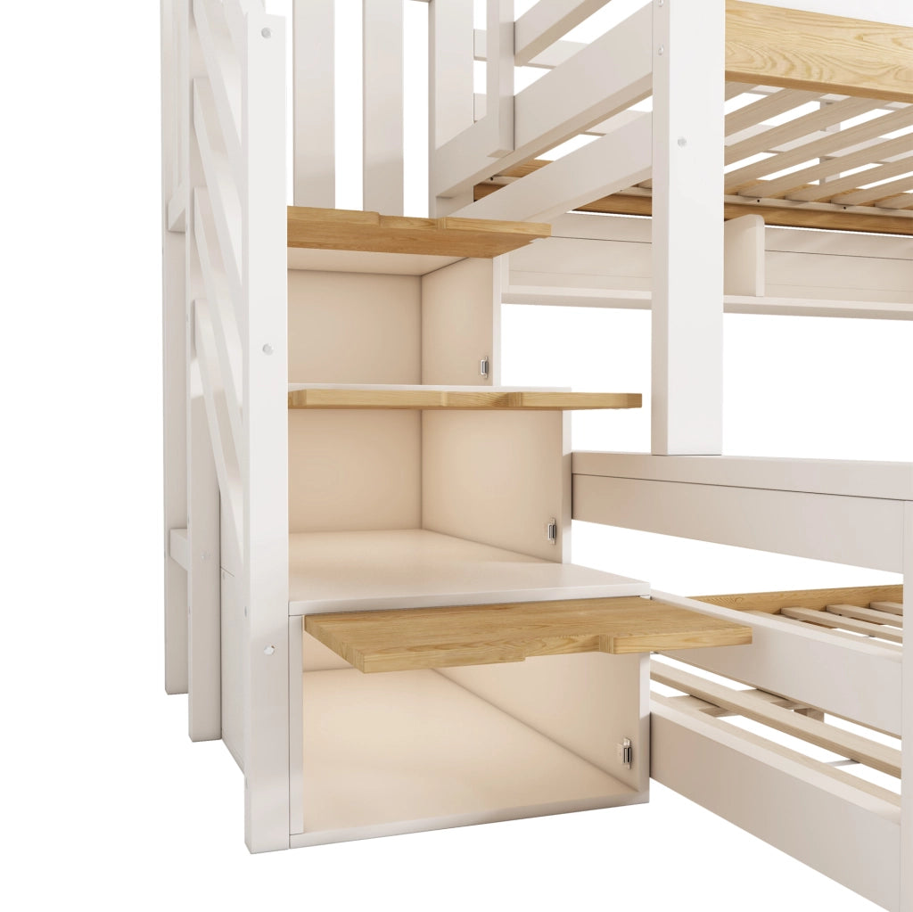 Letto a castello a casetta con scaletta contenitore 90/140x200 cm; bianco e legno