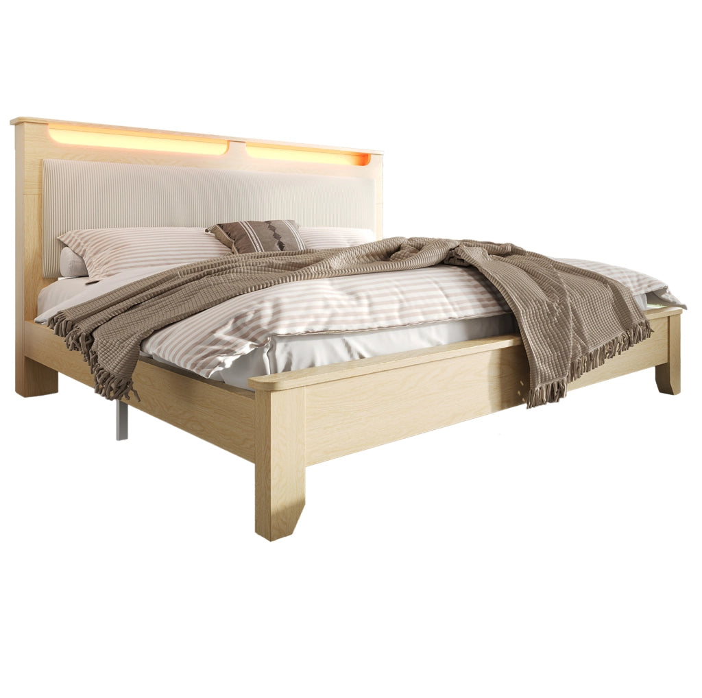 Letto matrimoniale 140x200 cm con LED e contenitore; beige e rovere chiaro