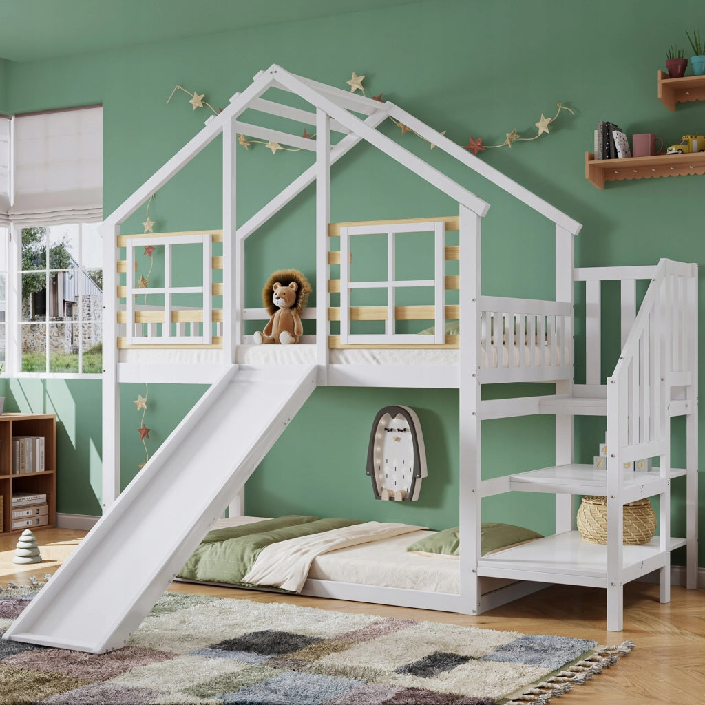 Letto a castello in legno bianco - Xylo - 90x200 con finestra