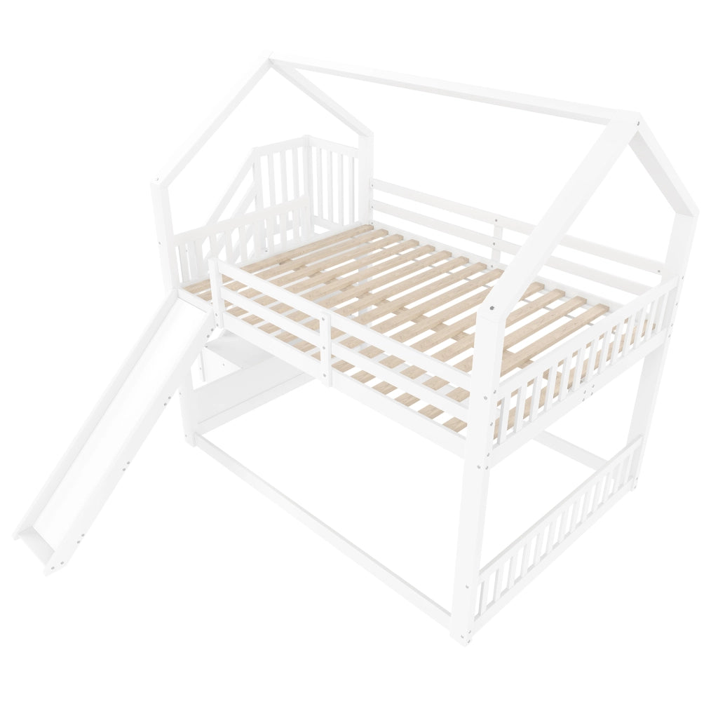 Letto a Soppalco Letto Matrimoniale con Scala Contenitore; Scivolo e Sponde 140×200 cm; senza Materasso; Bianco