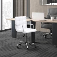 Sedia da Ufficio in pelle PU Bianca con 5 Ruote Girevoli, Imbottitura e Altezza Regolabile, 52.5x54x84-99cm