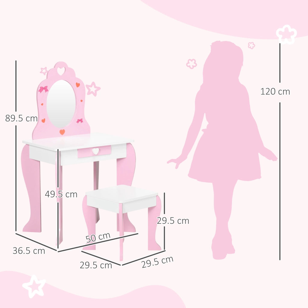 Set Tavolo Trucco con Sgabello, Specchio e Cassetto per Bambini ¨C Zephmum ¨C Bianco e Rosa, MDF