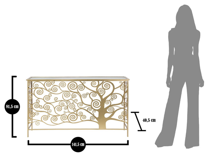 Console Albero della Vita 141,5x40,5x81,5 cm in Ferro MDF e Specchio Oro