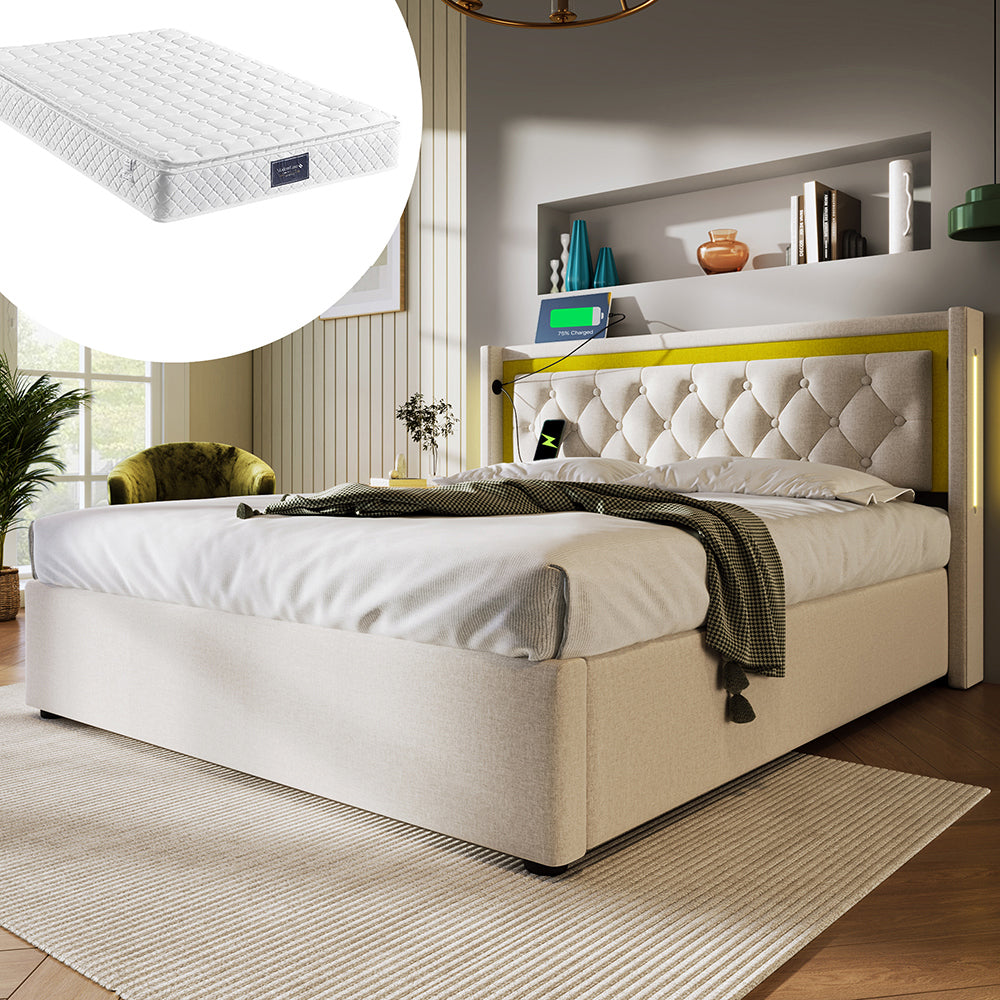 Letto con contenitore LED USB - Xylo - 140x200 cm - Beige - Testiera con USB-C