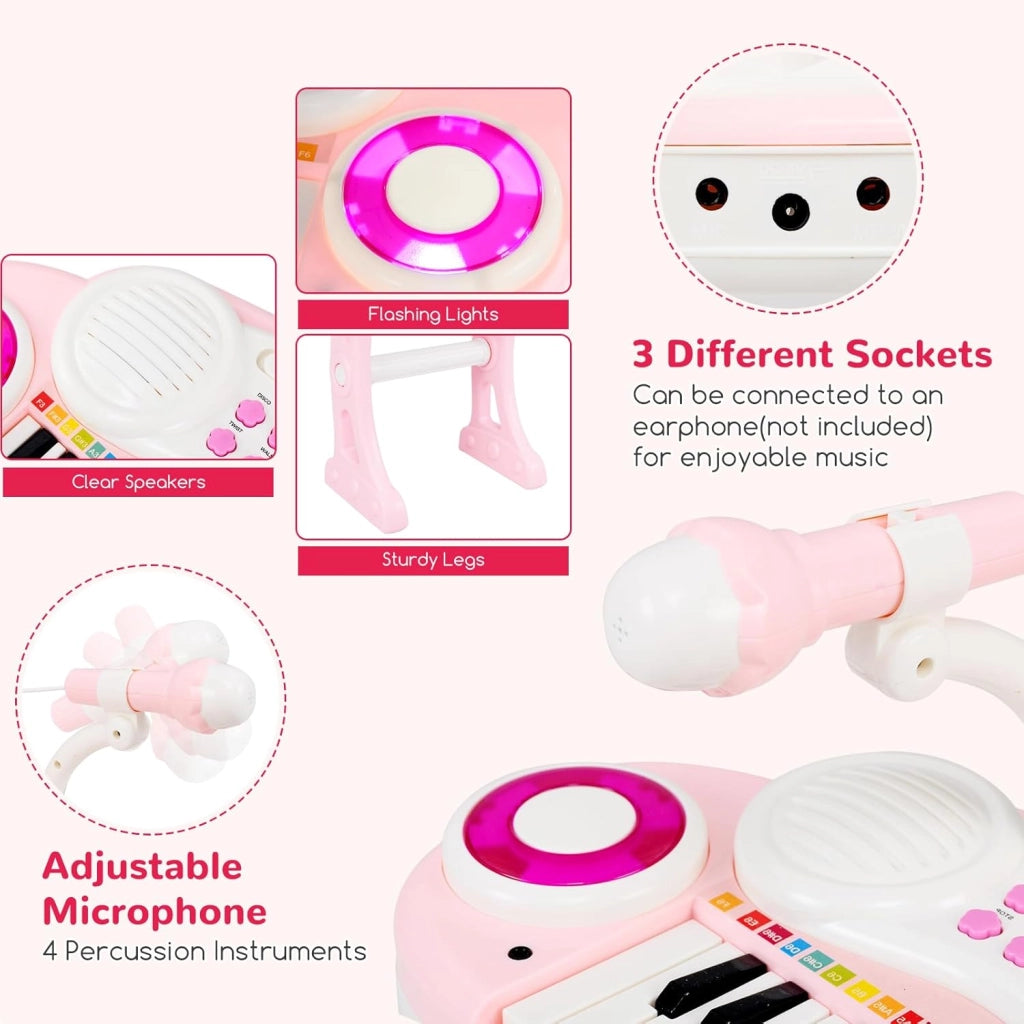 Pianoforte per Bambini con 37 Tasti, Pianola per Bambina con Effetti Luminosi e Microfono Regolabile, Tastiera Musicale Bambini con Sgabello, 8 Ritmi/Suoni per Bambini 3+ Anni (Rosa)