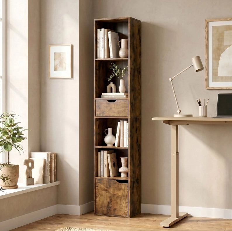 Libreria a colonna con 4 vani aperti, cassetto e armadietto, ripiano superiore regolabile, colore Rustic Brown