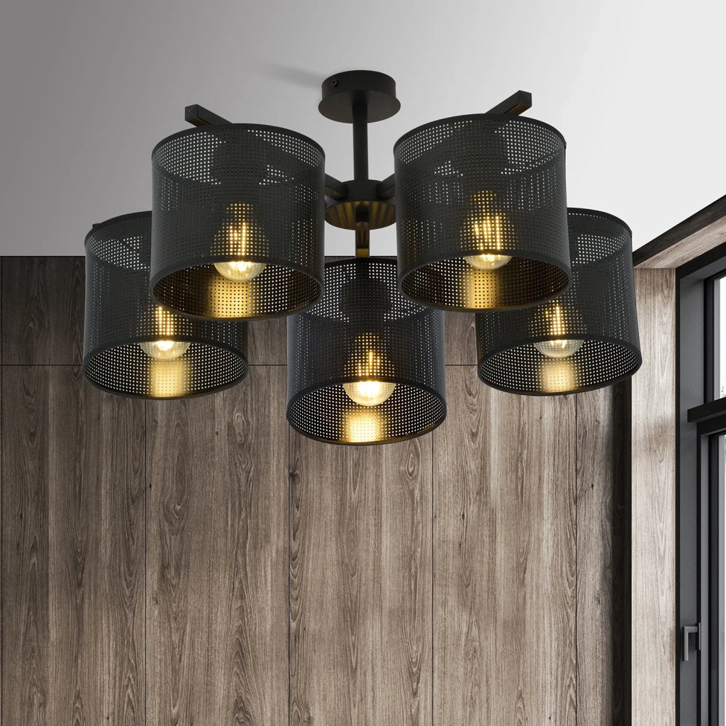 Plafoniera Industrial 5 Luci Cigno In Acciaio Nero E Paralumi A Cilindro