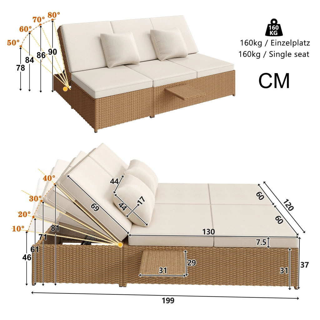 Lettino da Giardino Pieghevole Doppio in Rattan con Cuscino ¨C MINIMAL ¨C Bianco