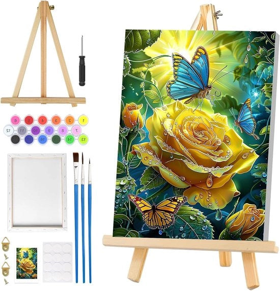 Scheda di pittura per adulti con lista, kit DIY di pittura facile con paesaggio di farfalle e rose per principianti