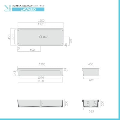 Lavabo a canale 120x45 cm d'appoggio o sospeso in ceramica lucida