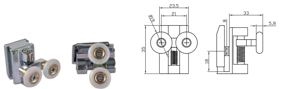Coppia Cuscinetti Doppia Ruota Attacco Superiore Metallo Cromato Box Doccia – Ø20 mm – Foro 9 mm