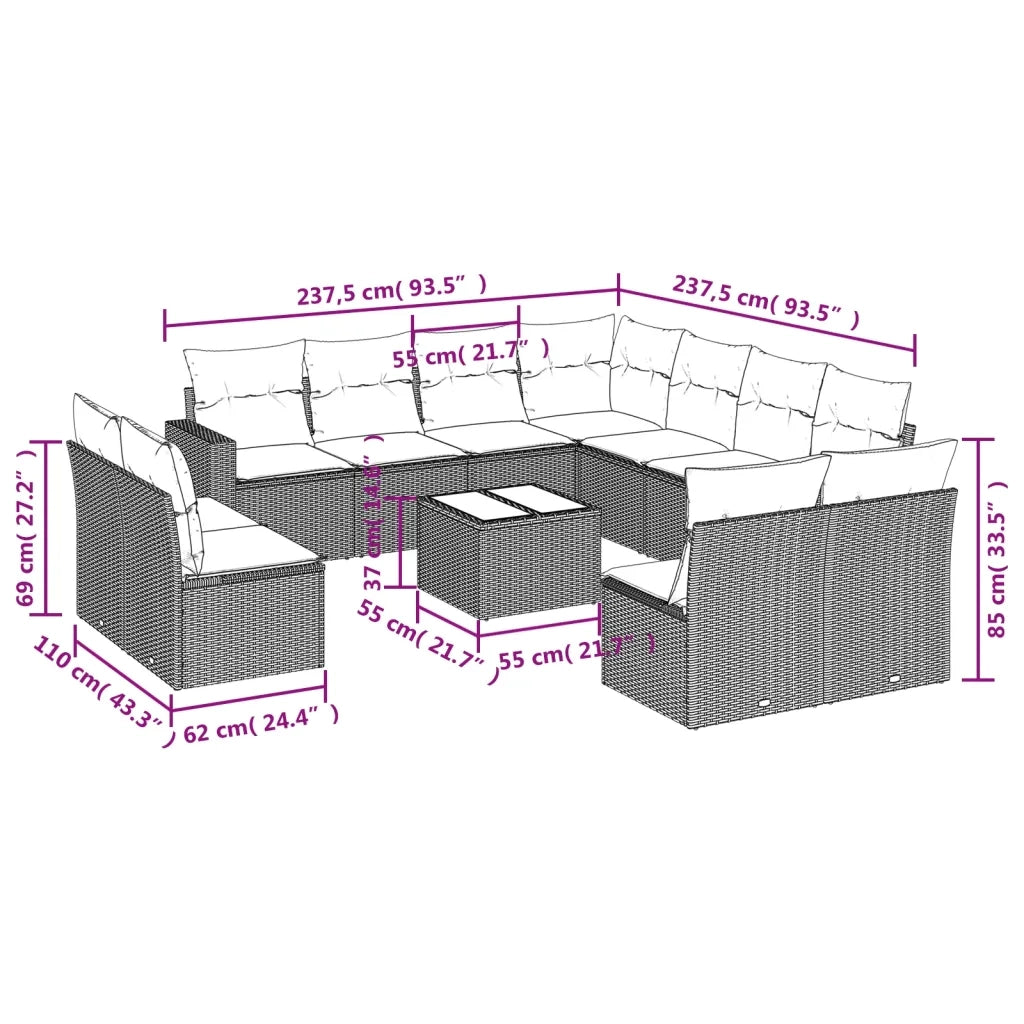 Set Divani da Giardino 12 pz con Cuscini Beige in Polyrattan