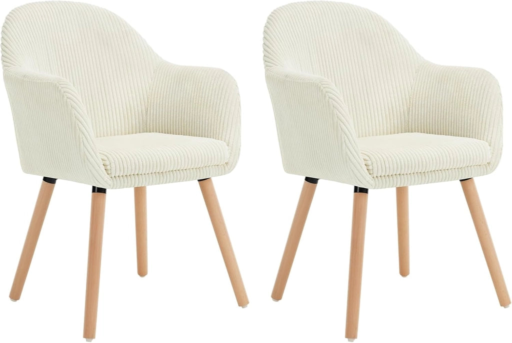 Set 2 Sedie Sala da Pranzo, Sedie Cucina, Poltroncina, Sedia Imbottita per Camera da letto Ufficio, Salotto, Seduta in Velluto a Coste, Gambe in Legno Massiccio, Crema, EZS26cm-2