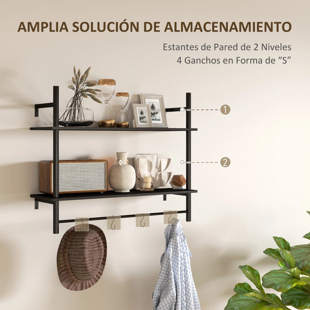 Scaffale a Parete 2 Livelli con Ganchi ¨C Zephmum ¨C 80x24x65 cm Nero
