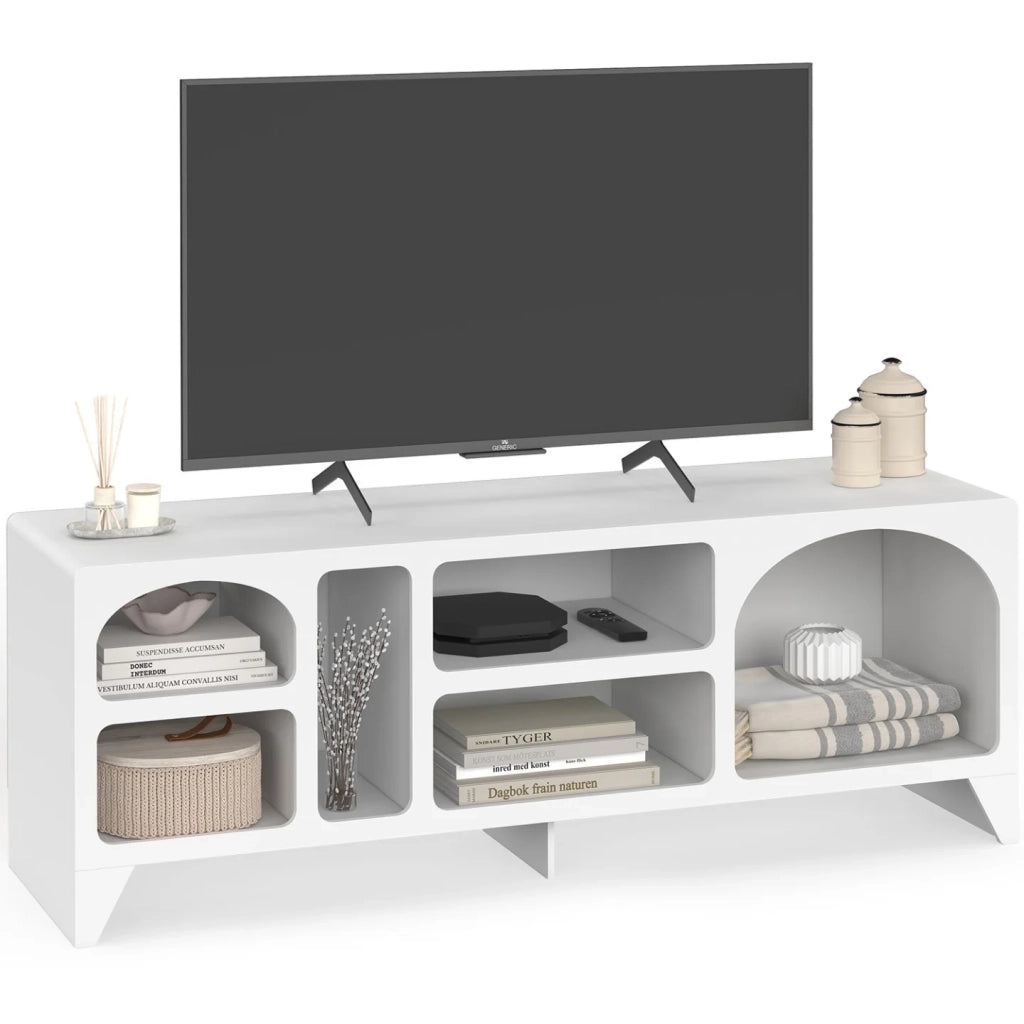 IDMarket - Mobile TV organico ALESIA 140 cm con 6 nicchie in legno bianco