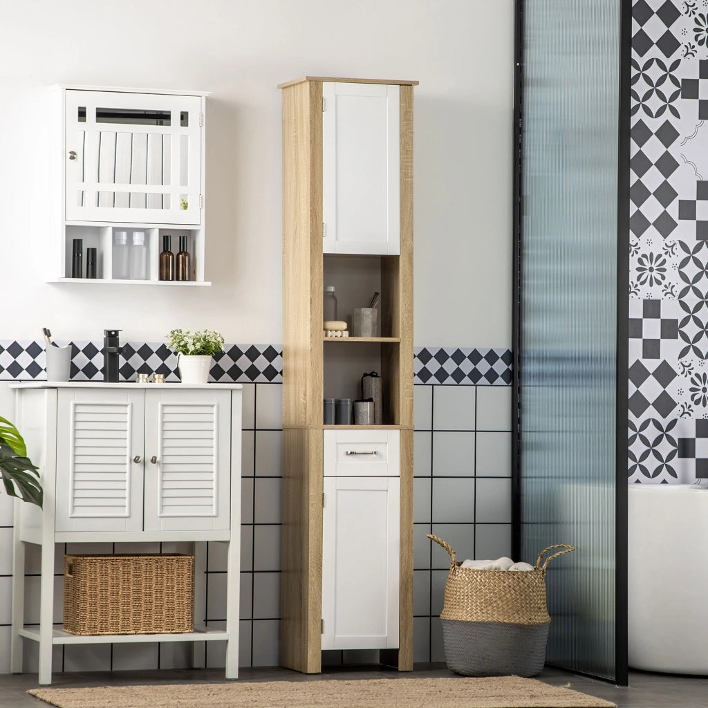 Mobile Bagno Alto in Truciolato con un Cassetto, 2 Armadietti e 2 Ripiani Aperti Regolabili, 37x30x184 cm