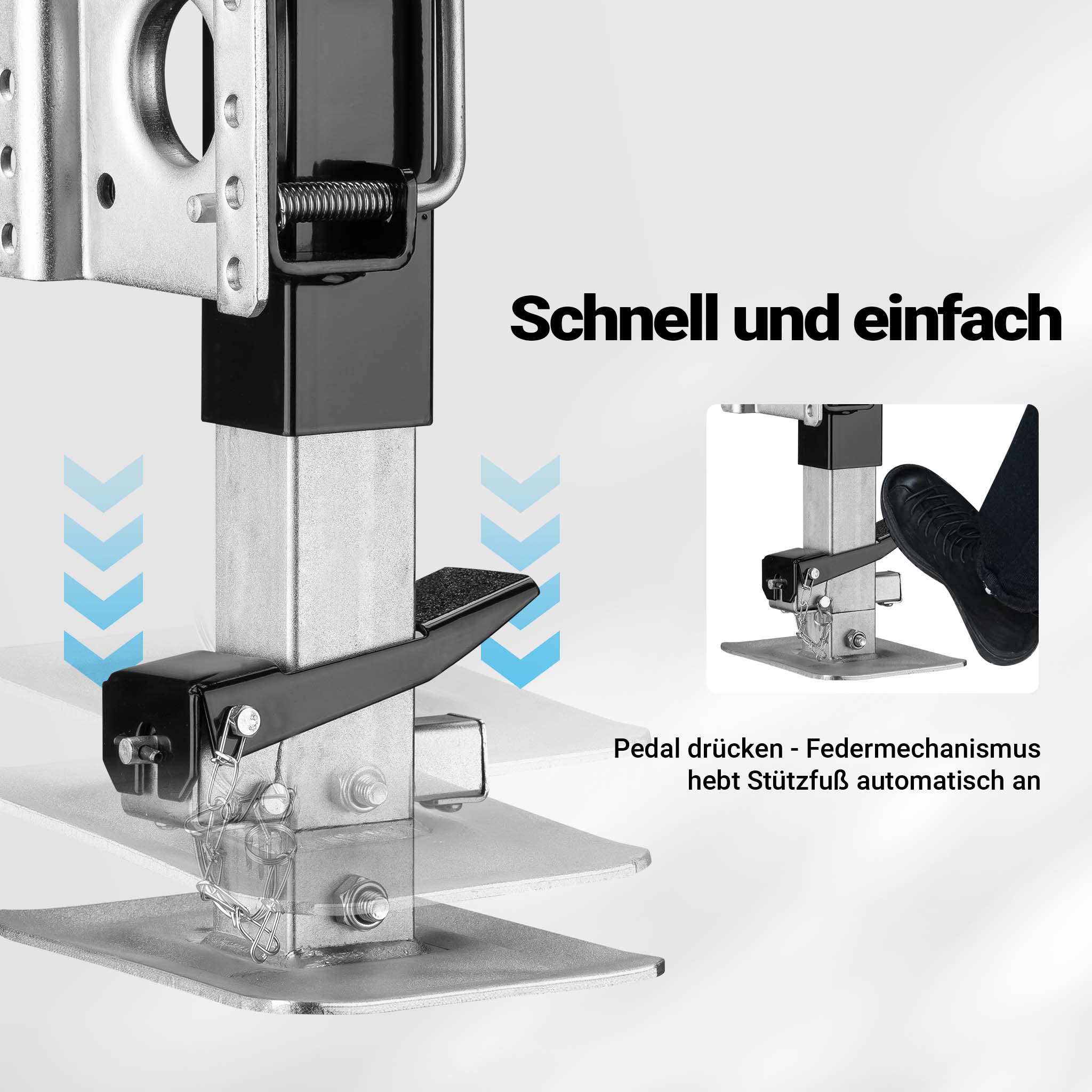 Piede stabilizzatore per rimorchi roulotte, max 900 kg, regolabile in altezza con manovella, con pedale e perno di sicurezza