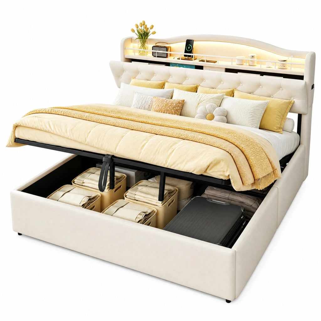 Letto imbottito 180x200 cm con contenitore idraulico; LED; USB e USB-C; beige