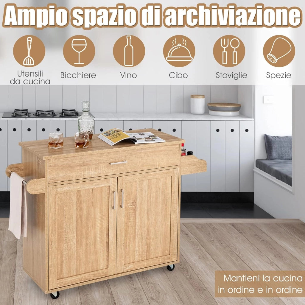 Carrello da Cucina con Ruote di Gomma, Scaffale per Microonde Carrello Servizio, Mobile Cucina con Ripiani e Ante, Credenza Cucina Legno Moderno Elegante, 116 x 37 x 85 cm (Naturale)