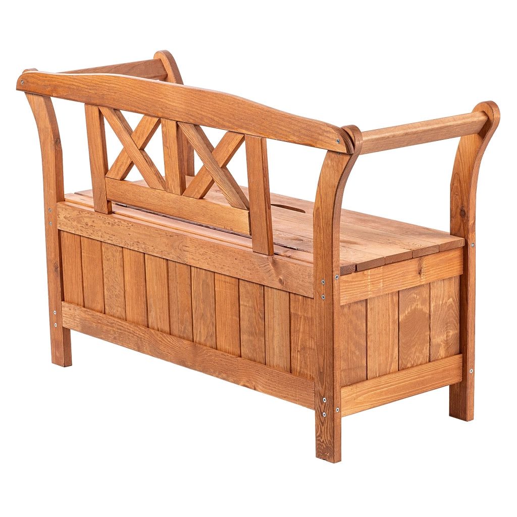 Panchina da giardino in legno KADAX con schienale, 119 cm, per terrazzo, con contenitore in rovere
