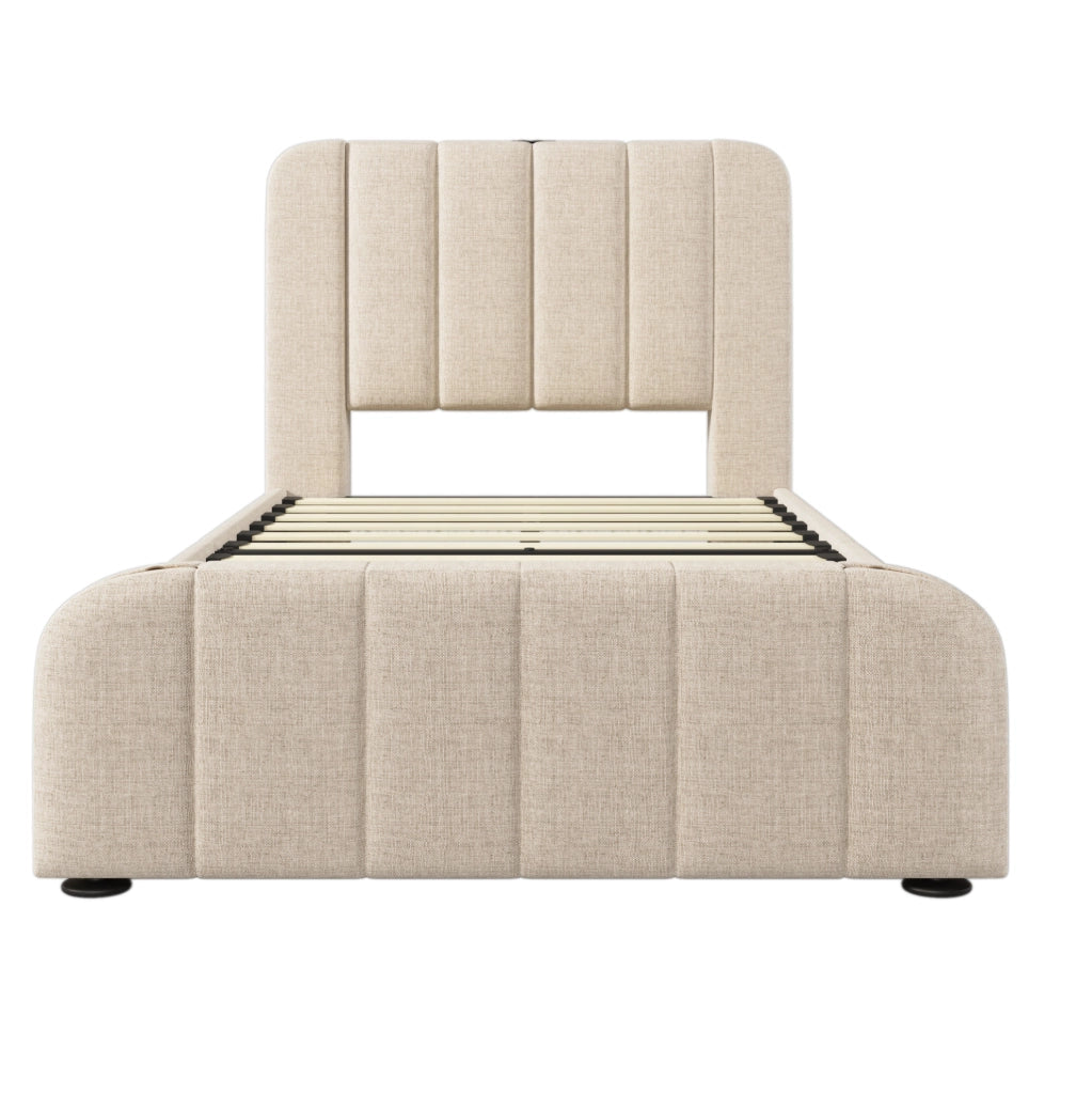 Letto singolo ULEVR 90x200 cm con 4 cassetti, porta USB e Type-C, rivestimento in lino beige
