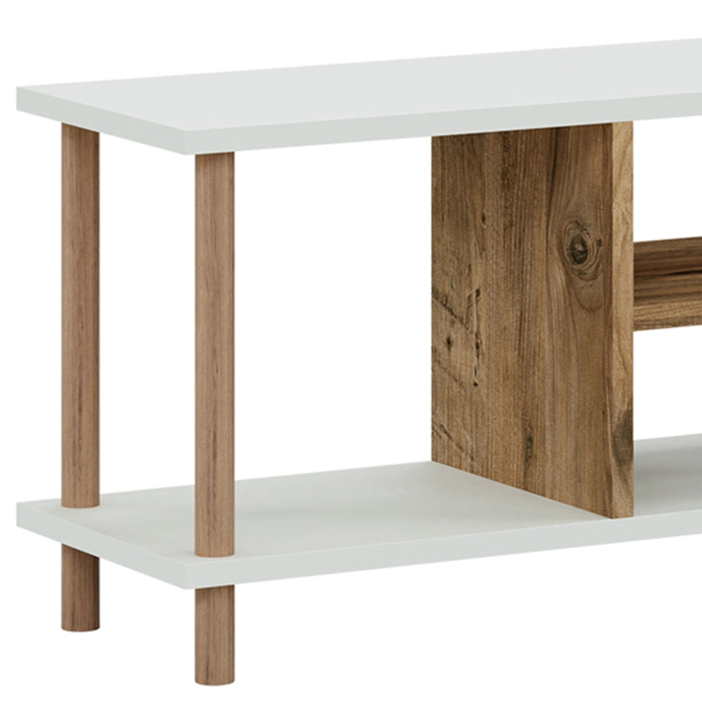Mobile Basso Porta TV 'Ærøskøbing' con Scomparti Aperti e Gambe di Faggio - Bianco / color Legno [en.casa]