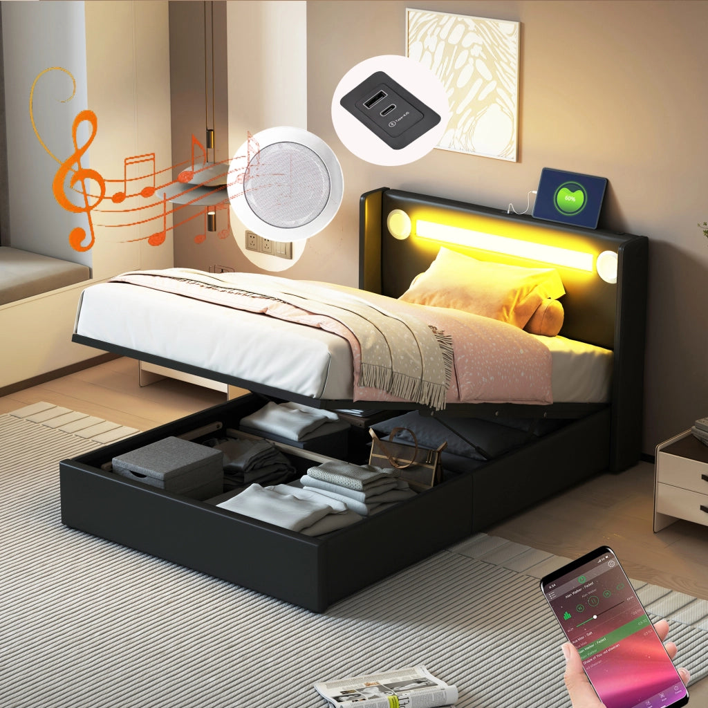 Letto imbottito nero con funzione LED bluetooth e ricarica USB in PU pelle 90x200 cm