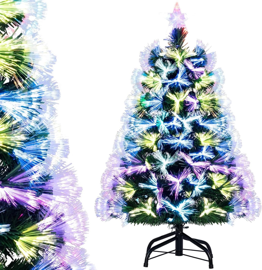 Albero di Natale Artificiale in Fibra Ottica 95 cm | Albero di Natale Pre-Illuminato con 93 Punte di Ramo, Stella Decorativa e Base Metallica, per Casa, Ufficio e Negozio