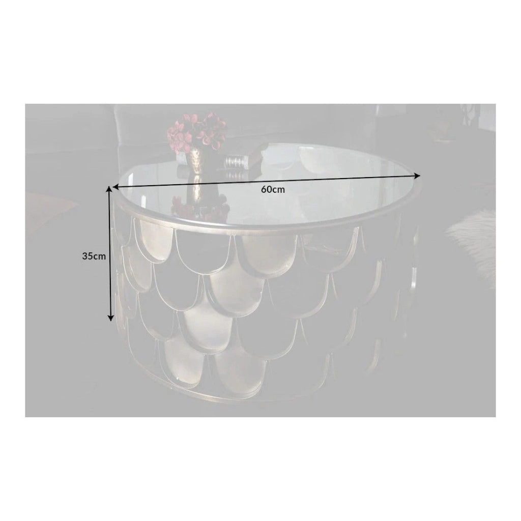 Tavolino basso METRIX rotondo 60 cm bronzo con struttura effetto squama – Tavolino basso design in metallo e vetro temperato