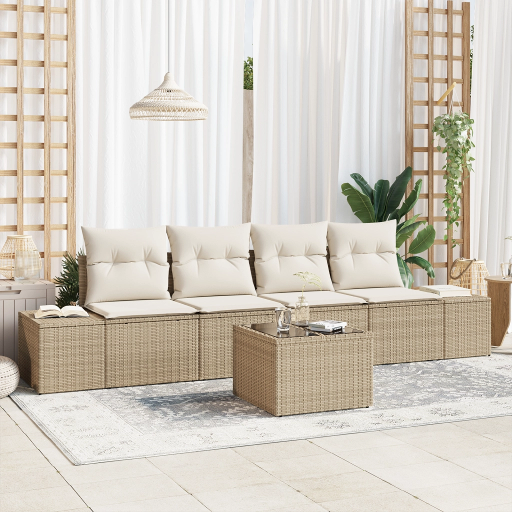 Set Divano da Giardino 5 Pezzi con Cuscini Beige Polyrattan
