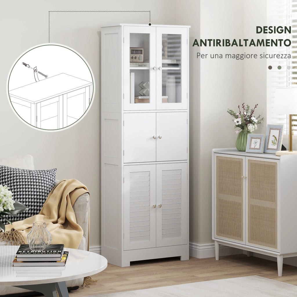 Mobile Colonna Bagno con 3 Armadietti e Ante in Vetro e a Persiana, 60x30x170.5cm, Bianco