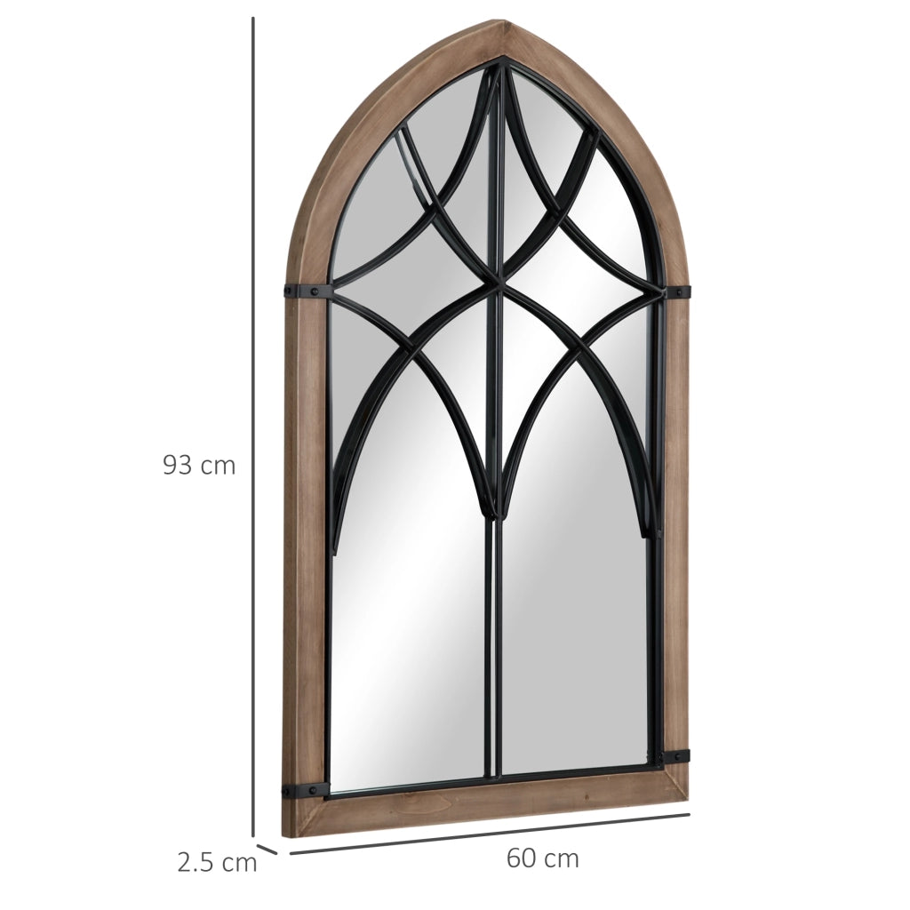 Specchio da Parete ad Arco con Dettagli Moderni e Ganci, in Legno e Vetro, 60x93 cm, Marrone e Nero