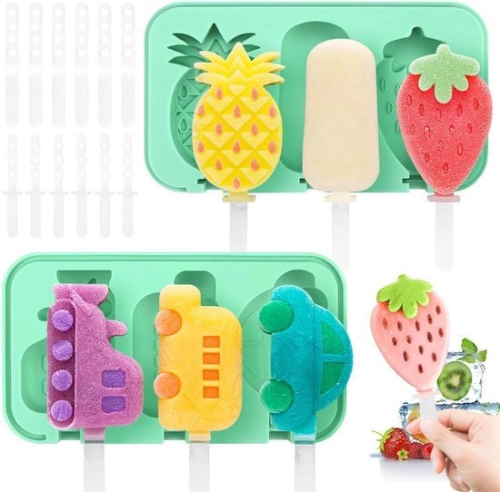 Forme di ghiaccio, silicone, 2 pezzi forme di ghiaccio, lollies di ghiaccio, idee DIY, forme di ghiaccio, senza BPA, per bambini, forme di popsicle, set con bastoncini e coperchio (frutta + veicoli)