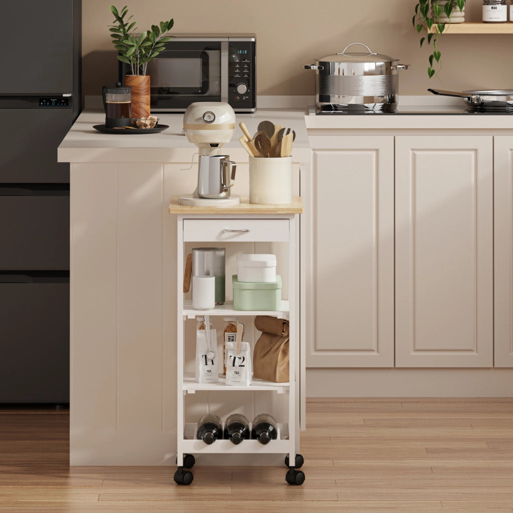 Carrello Portaoggetti Biel con Cassetto 3 Ripiani e Griglia Portabottiglie 76x37x37 cm - Bianco / Effetto Legno [en.casa]