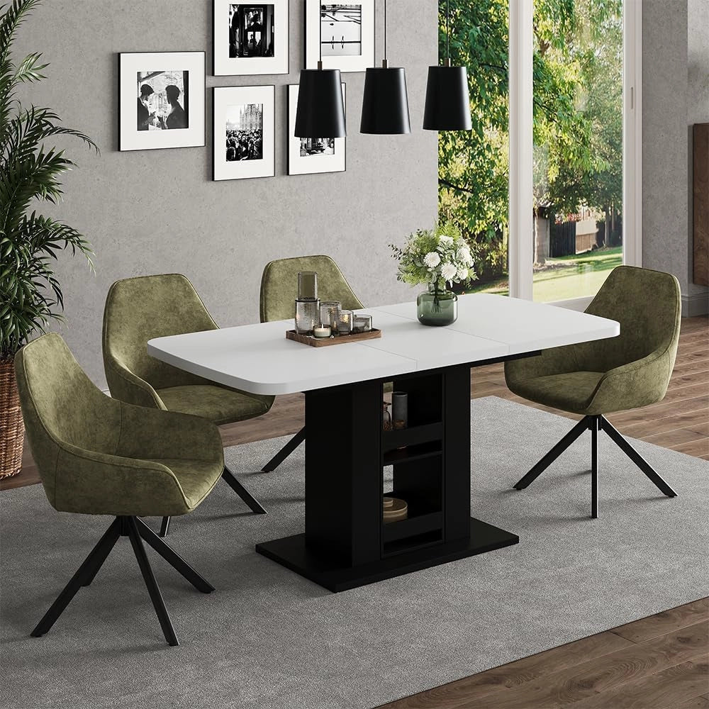 tavolo da pranzo allungabile Fenaro, Bianco/nero, 120 x 80 cm, allungabile con estrazione sincronizzata per lunghezza tavolo variabile