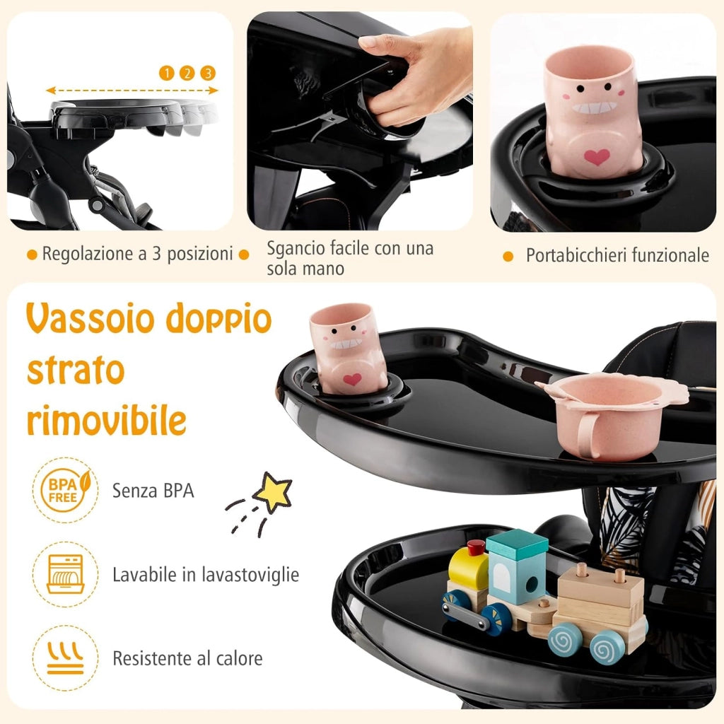 Seggiolone Pappa Bambini Pieghevole, Altezza Regolabile (Nero) | Seggiolone Multifunzione con 4 Ruote, Poggiapiedi e Schienale, Vassoio Rimovibile, per 6-36 Mesi, Fino a 15 kg