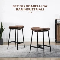 Set 2 Sgabelli da Bar in Stile Industriale con Poggiapiedi, in Finta Pelle, 48.5x38.5x68.5 cm, Nero e Marrone