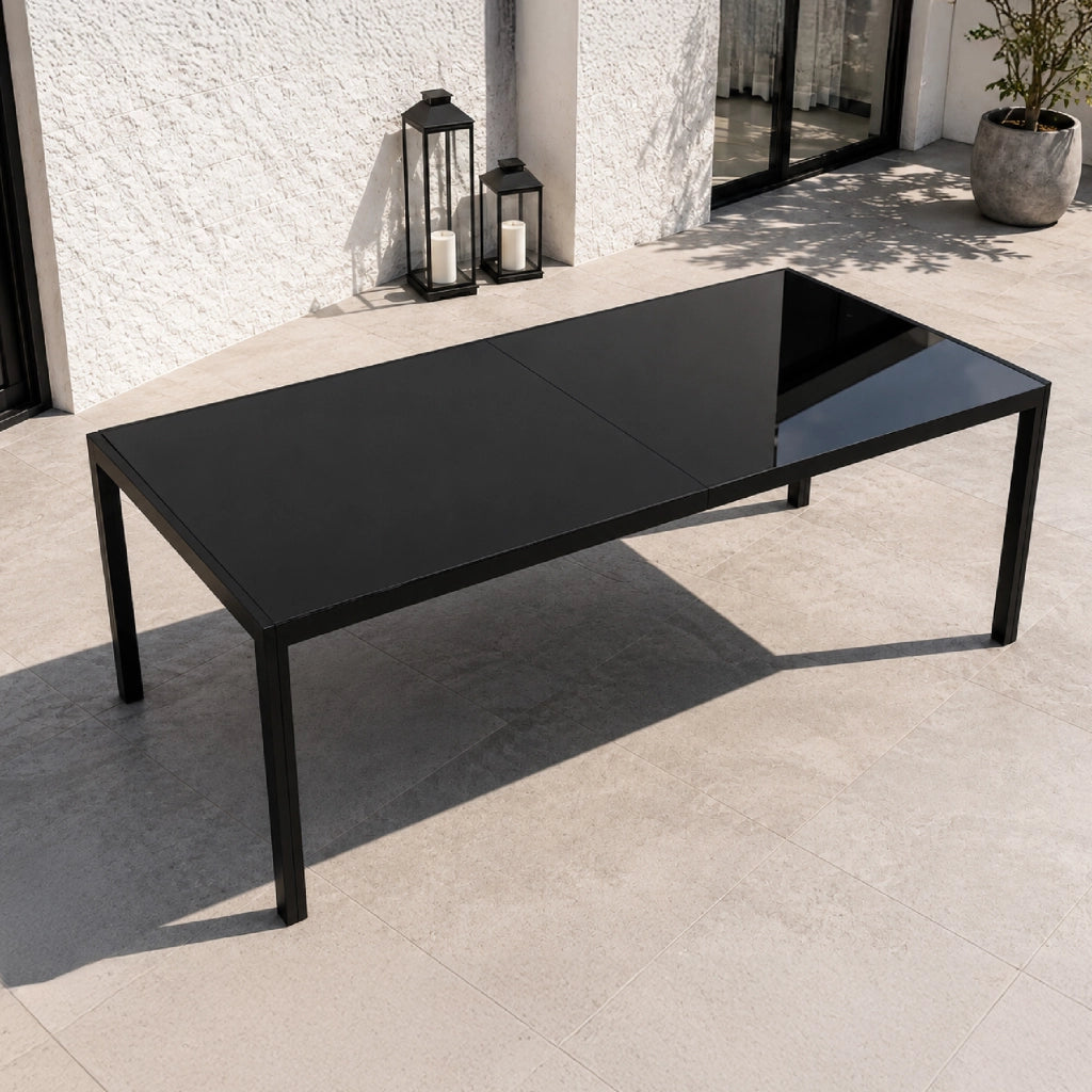 Tavolo da Pranzo per Interno ed Esterno 180x90 cm, Piano in Vetro Temperato Nero 5 mm e Struttura in Acciaio, Tavolo Moderno per 8 Persone, Ideale per Giardino, Terrazza, Cucina e Sala da Pranzo