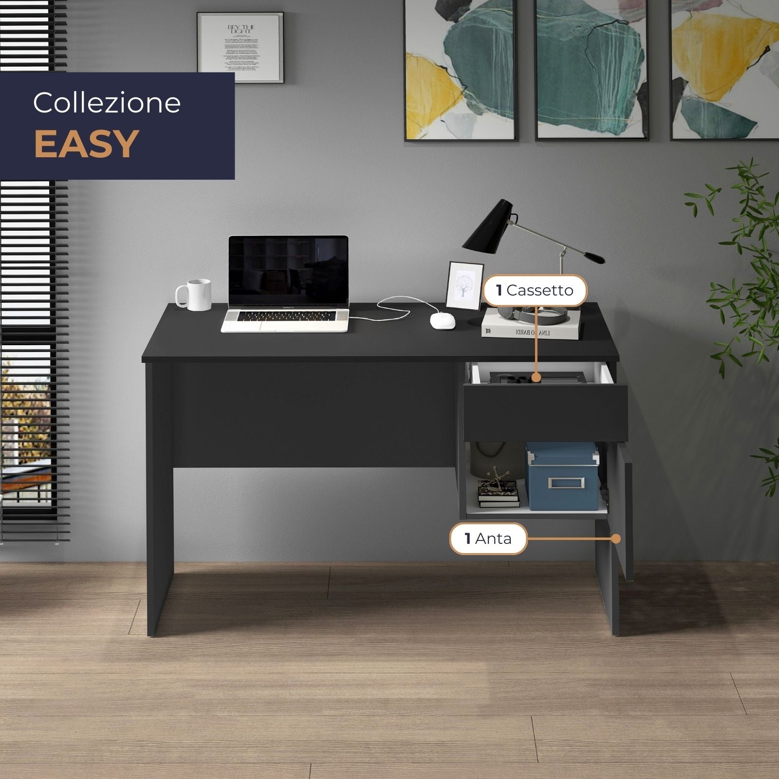 Scrivania Easy 1 anta e 1 cassetto antracite opaco 110x50x75 cm