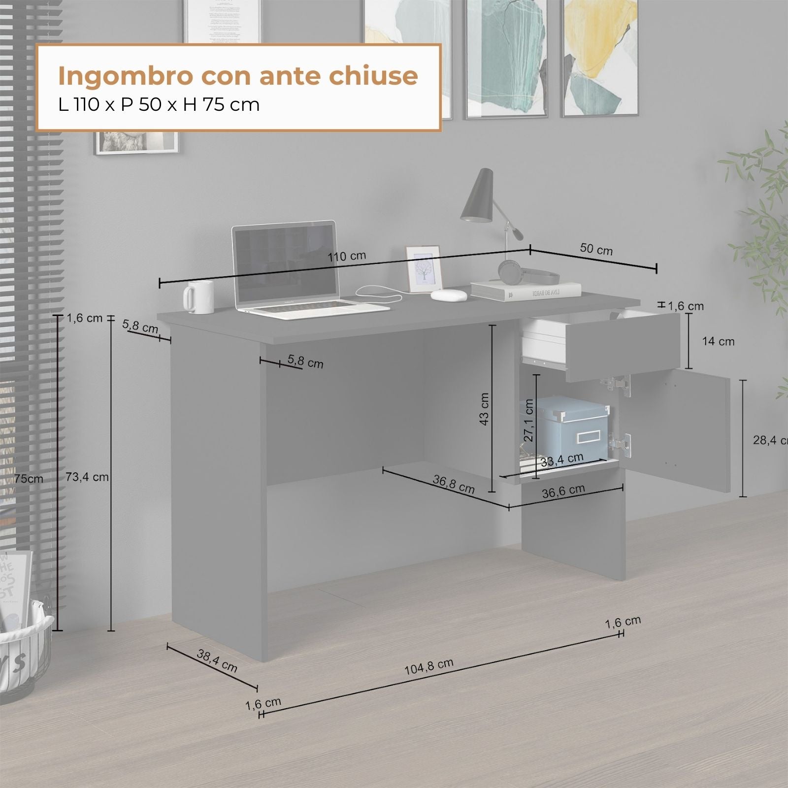 Scrivania Easy 1 anta e 1 cassetto antracite opaco 110x50x75 cm