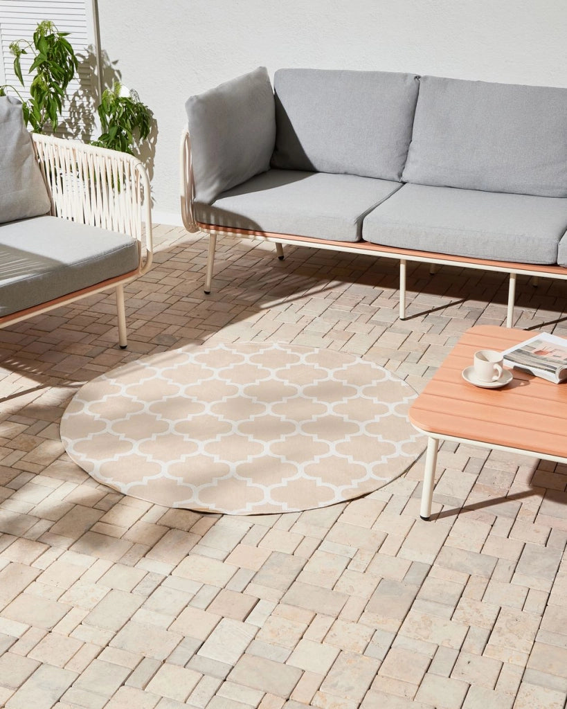 Tappeto rotondo per interni e per esterni con motivo a traliccio marocchino ⌀ 120 cm Beige e bianco moderno balcone patio