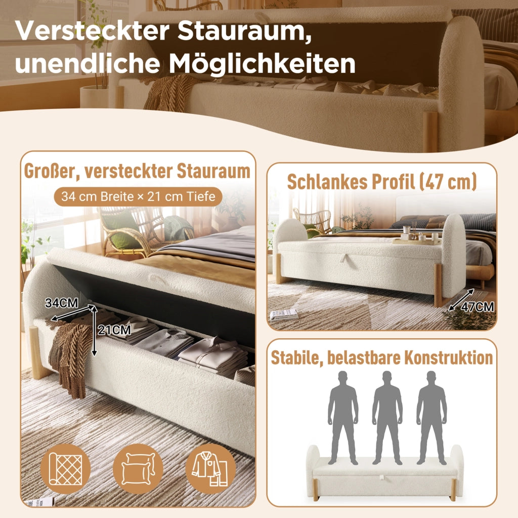 Panca contenitore imbottita con apertura idraulica 106x47x61 cm; bouclé bianco