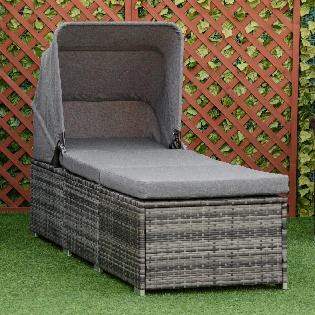 Lettino da giardino in polyrattan con cuscini e tettoia regolabile ¨C Zephmum ¨C Grigio 195x65x40 cm