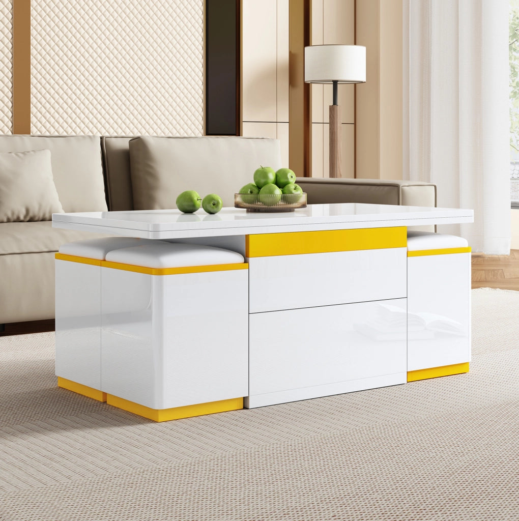 Tavolino da caffè sollevabile 100x50x43 cm bianco e giallo, contenitore integrato, MDF/PB