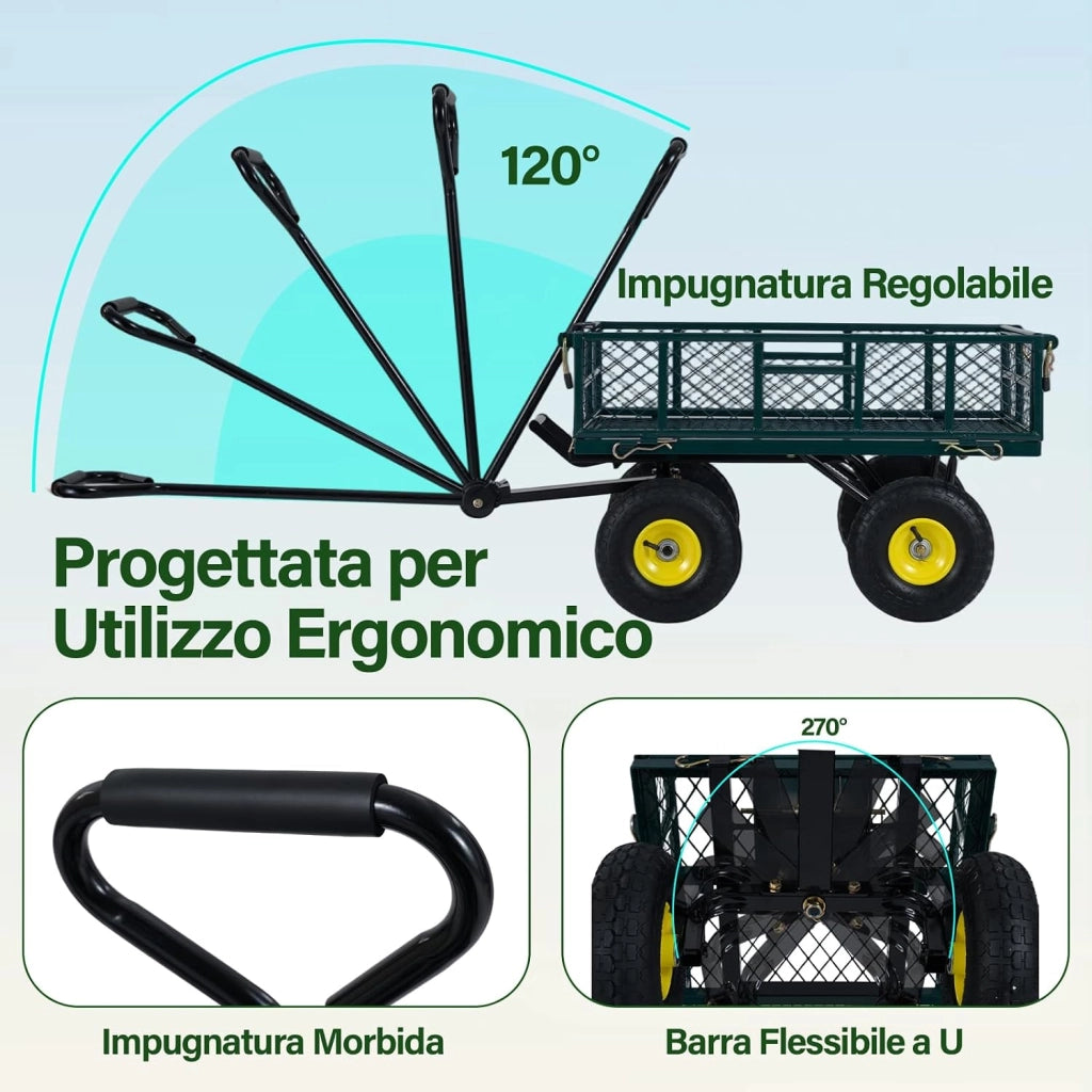 Carrello da Giardino in Metallo, Carretto a Mano con 4 Ruote Pneumatiche, Sponde Rete Rimovibili, Borsa Portaoggetti e Manico Regolabile, Portata 410 kg, per Giardinaggio, Trasporto e Fattoria