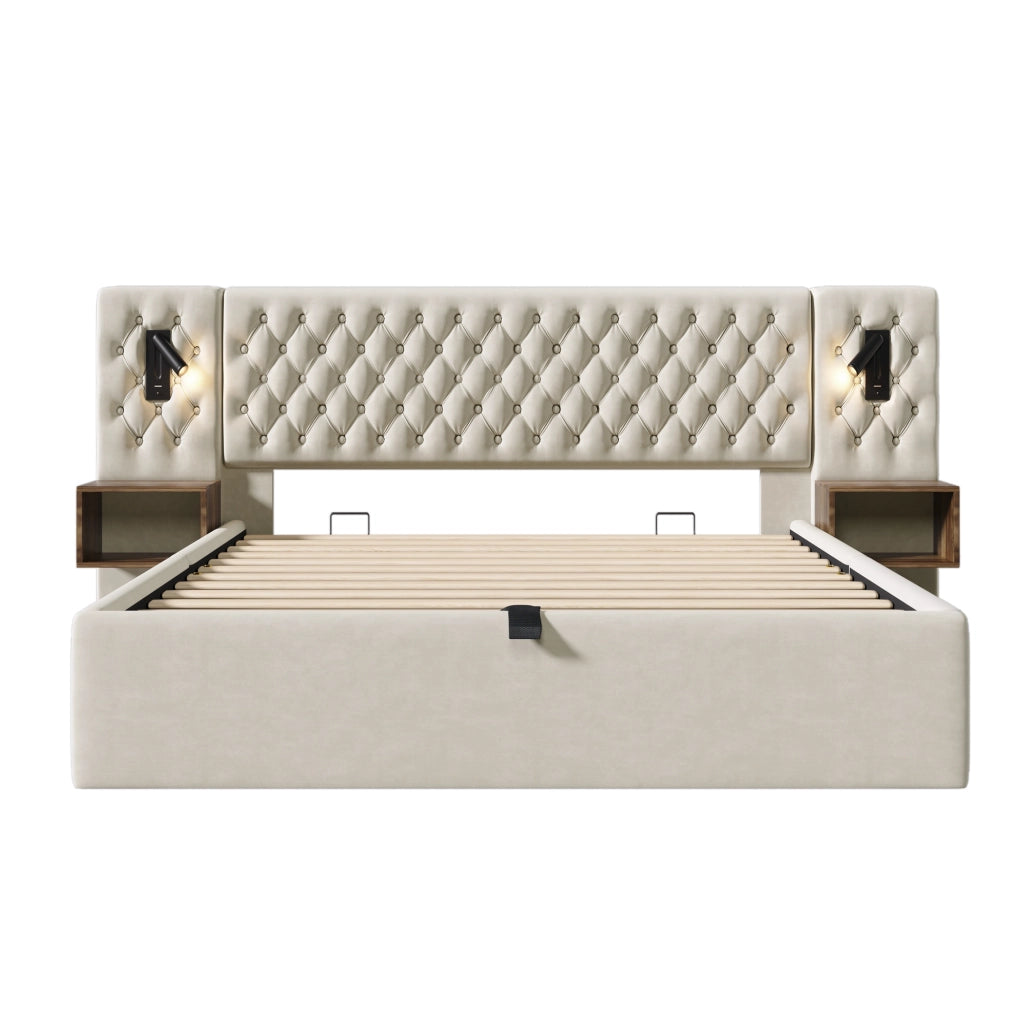 OKWISH Letto Contenitore 180×200 cm, Letto Matrimoniale con Contenitore, USB, Type C, Luci da Lettura e 2 Comodini, senza Materasso, Velluto, Beige