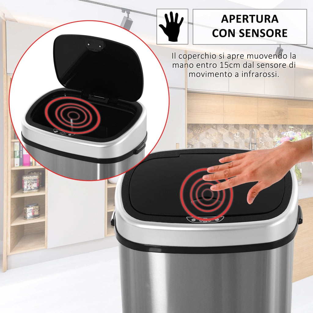 Pattumiera ad Apertura Automatica in Acciaio Inox con Sensore 58 Litri