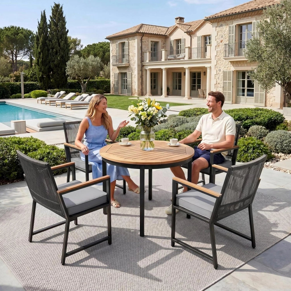 Set di 2 sedie da giardino in rattan, resistenti alle intemperie, con braccioli in WPC, sedie per esterni con cuscino rimovibile, sedie da pranzo in metallo, portata fino a 160 kg, per